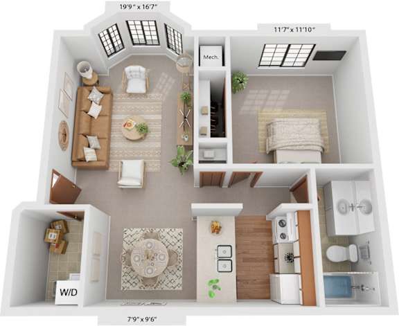One Bedroom Mulberry 3D Floor Plan at Tanglewood Apartments, Oak Creek, WI