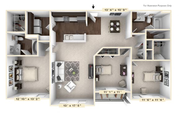The Burgundy - 3 BR 2 BA Floor Plan at Bella Vista Apartments, Indiana, 46038
