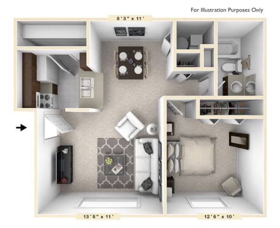 The Cape - 1 BR 1 BA Floor Plan | 623 Sq. Ft. at Bay Pointe Apartments, Indiana