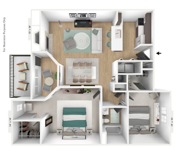 2 bedroom 1 bathroom Floor plan A at Latitudes Apartments, Indiana