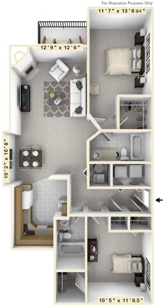 The Captain's Quarters - 2 BR 2 BA-1.046 Square Feet- Floor Plan at WaterFront Apartments, Virginia, 23453