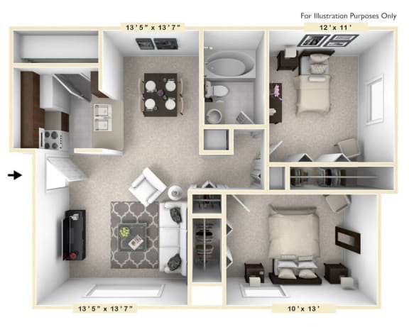 The Cove - 2 BR 1 BA Floor Plan | 805 Sq. Ft. at Bay Pointe Apartments, Indiana, 47909