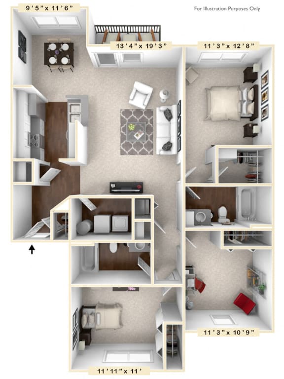 The Gamble - 3 BR 2 BA Floor Plan at Avellan Springs Apartments, Morrisville, NC