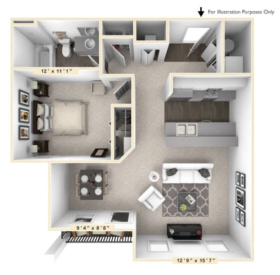 The Linden - 1 BR 1 BA Floor Plan at Bella Vista Apartments, Fishers