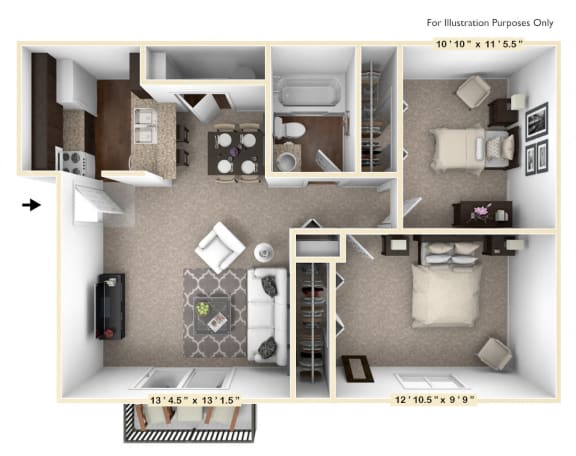 The Mahogany - 2 BR 1 BA Floor Plan at The Timbers Apartments, Evansville, IN