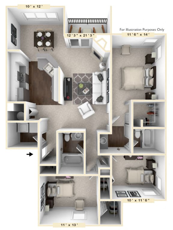 The Mallard - 3 BR 2 BA Floor Plan-1.370 Square Feet- at Mallard Bay Apartments, Crown Point, 46307