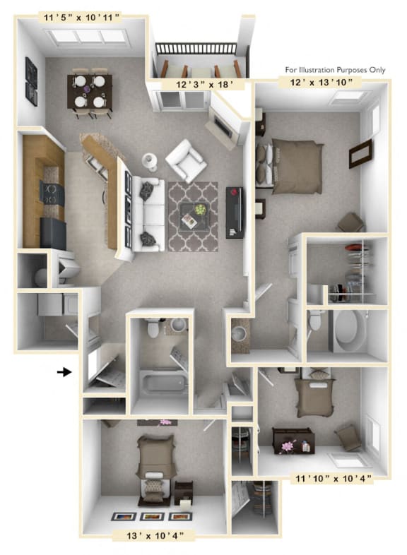 The Manor - 3 BR 2 BA Floor Plan at The Vinings Apartments, Richmond, VA, 23234