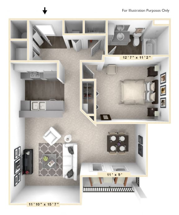 The Opus - 1 BR 1 BA Floor Plan at Bella Vista Apartments, Indiana