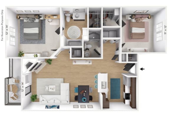 2 bedroom 2 bathroom Floor plan E at Latitudes Apartments, Indianapolis