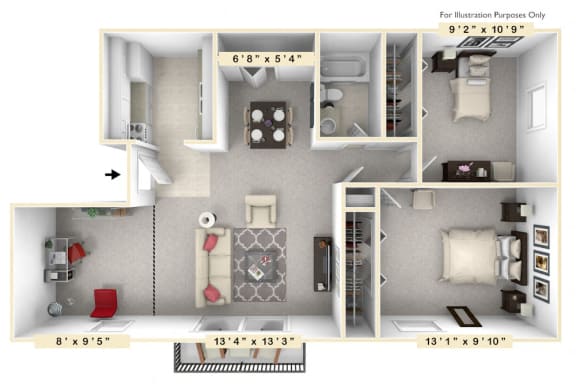 The Reef - 2 BR 1 BA Floor Plan at Scarborough Lake Apartments, Indiana, 46254