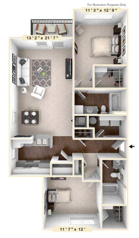 The Richmond - 2 BR 2 BA Floor Plan at River Crossing Apartments, St. Charles, MO, 63303
