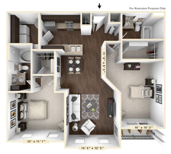 The Santa Cruz - 2 BR 2 BA Floor Plan at Bella Vista Apartments, Indiana