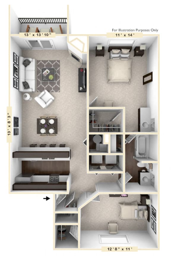The Shoreline - 2 BR 1 BA Floor Plan-974 Square Feet- at Mallard Bay Apartments, Indiana, 46307