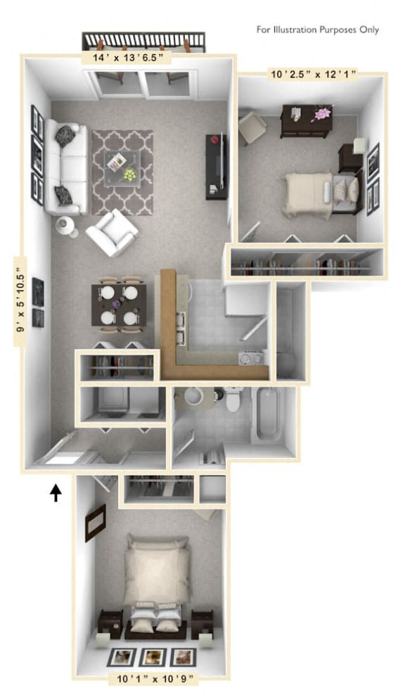 The Surfside - 2 BR 1 BA- 787 Square Feet- Floor Plan at WaterFront Apartments, Virginia