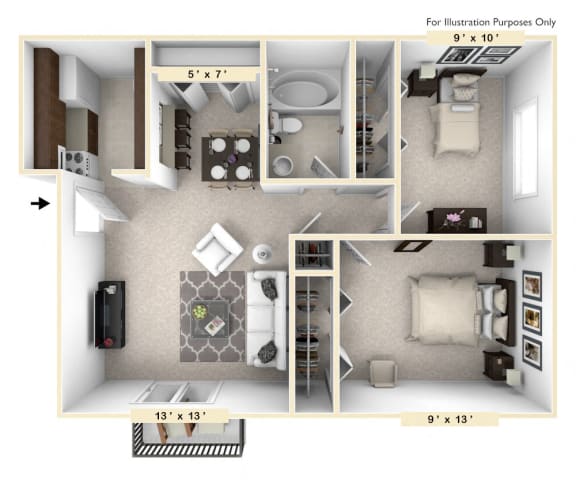 The Thoroughbred - 2 BR 1 BA Floor Plan at Polo Run Apartments, Indiana