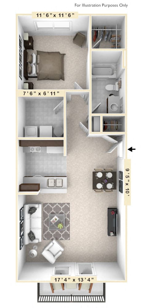 The Tyler - 1 BR 1 BA Floor Plan at Enclave Apartments, Midlothian, 23114