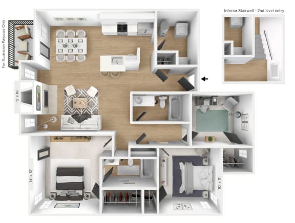 3 bedroom 2 bathroom Floor plan A at Latitudes Apartments, Indiana