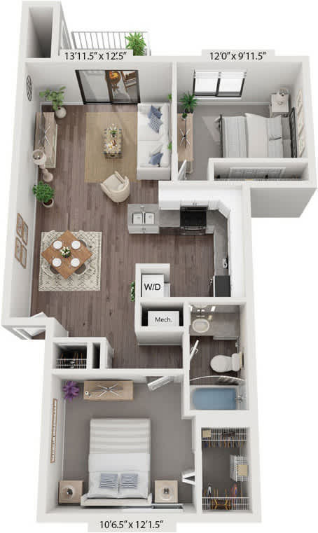 Two Bedroom One Bath Renovated 3D Floor Plan at The Crossings Apartments in Grand Rapids, MI