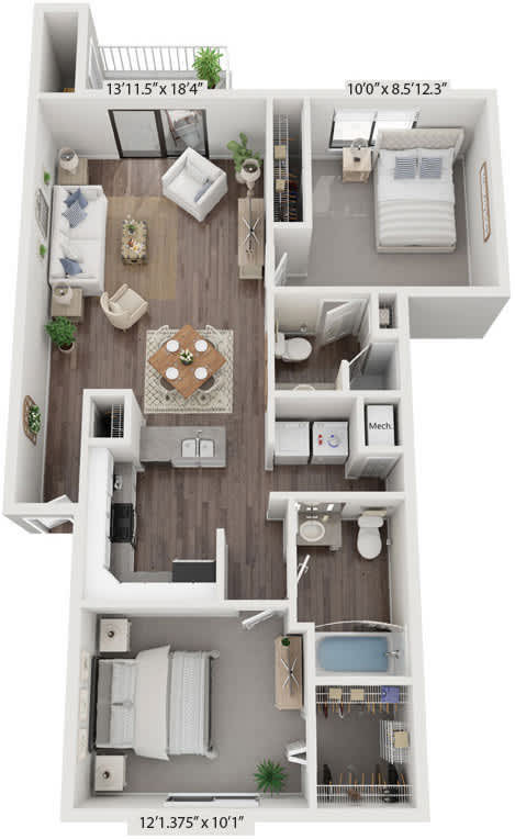 Two Bedroom Two Bath Renovated 3D Floor Plan at The Crossings Apartments in Grand Rapids, MI
