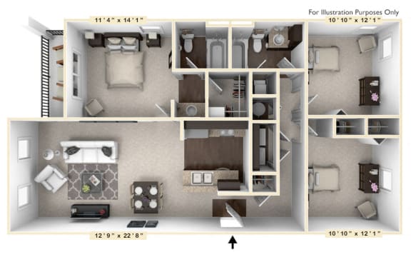 The Augusta - 3 BR 2 BA Floor Plan at Bella Vista Apartments, Fishers, Indiana