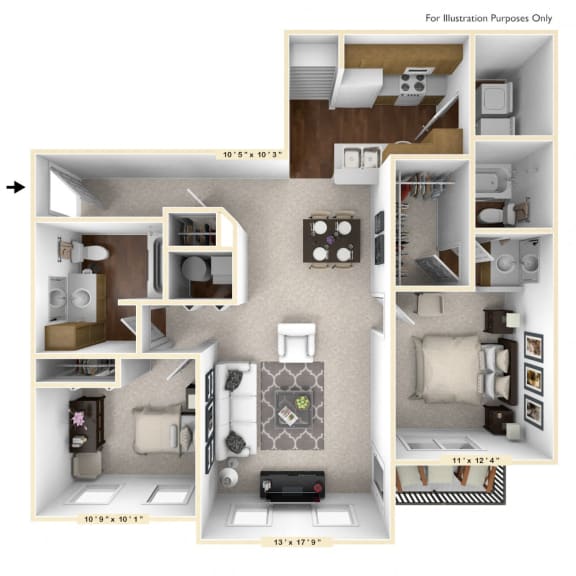 The Cambridge - 2 BR 2 BA Floor Plan at Brickshire Apartments, Merrillville, IN