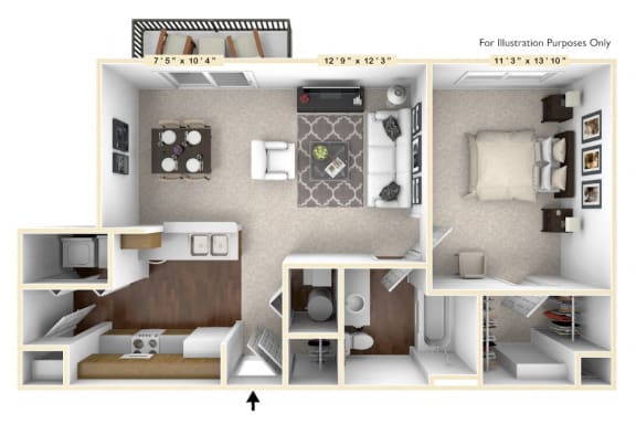 The Salisbury - 1 BR 1 BA Floor Plan at Brickshire Apartments, Merrillville, IN, 46410