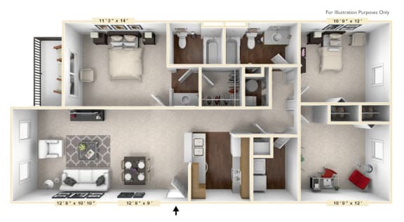 The Stratford - 3 BR 2 BA Floor Plan at Brickshire Apartments, Indiana