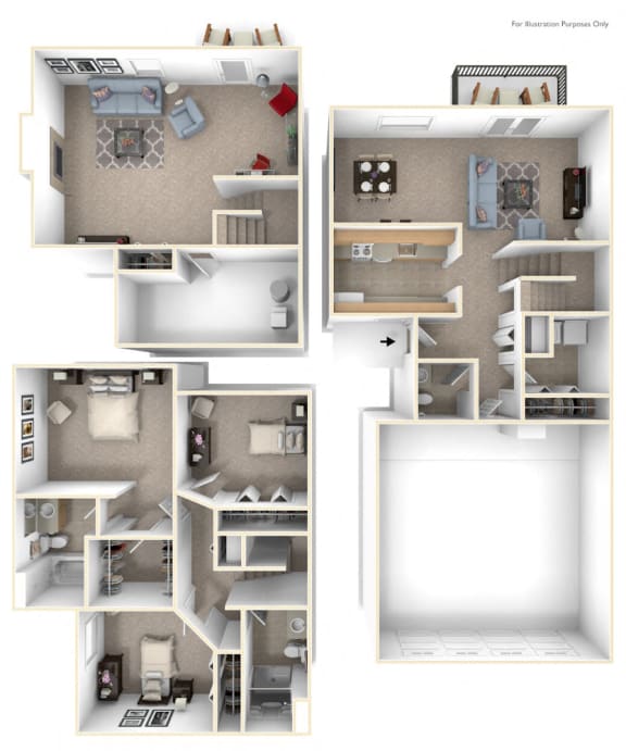 Three Bedroom Two-story Floor Plan at Autumn Lakes Apartments and Townhomes, Mishawaka