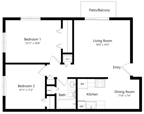 a floor plan of a 2 bedroom apartment at Timberbrook Apartments, Peoria, IL, 61614