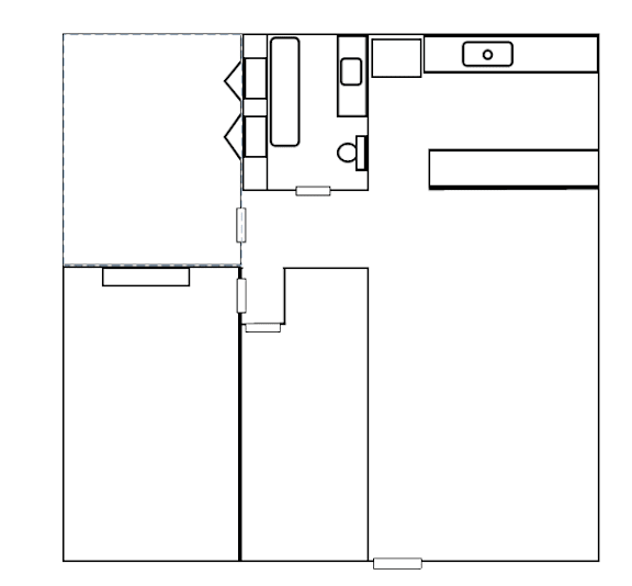 A floor plan of a house with a kitchen, living room, and two bedrooms.