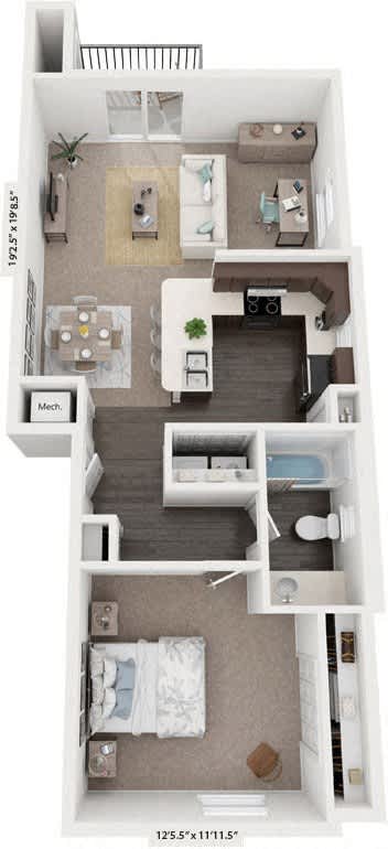 One Bedroom End 3D Floor Plan at Trade Winds Apartment Homes in Elkhorn, NE