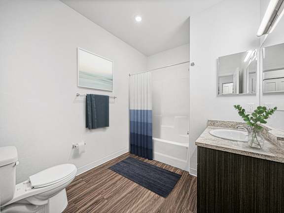 main bathroom with a toilet sink and a shower at Trade Winds Apartment Homes, Elkhorn, Nebraska