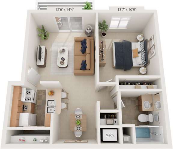 One Bedroom Cape Cod 3D Floor Plan at Trappers Cove Apartments, Lansing, MI