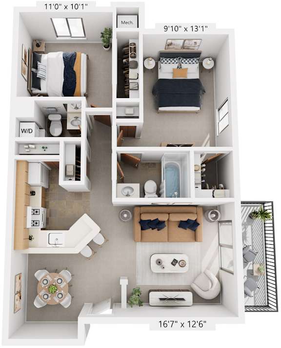 Two Bedroom Madrid 3D Floor Plan at Trappers Cove Apartments