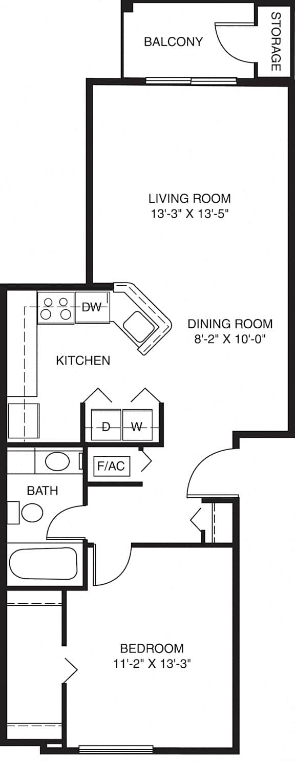One bedroom traditional 2D floor plan at Trillium Pointe Apartment Homes, Jackson