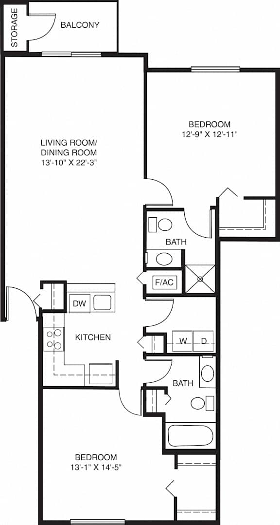 Two bedroom traditional 2D floor plan at Trillium Pointe Apartment Homes, Jackson