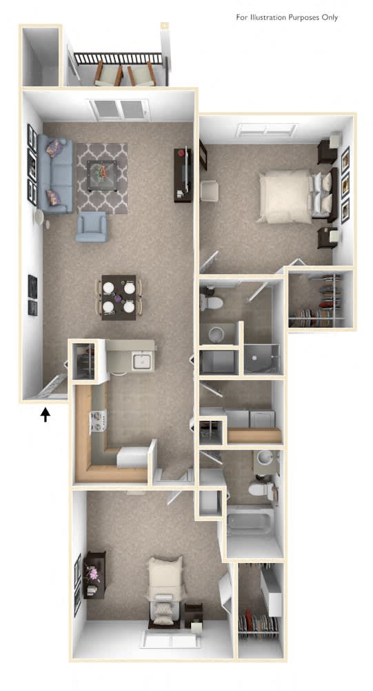 Two Bedroom Two Bath Floorplan at Colonial Pointe at Fairview Apartments, Bellevue, NE, 68123