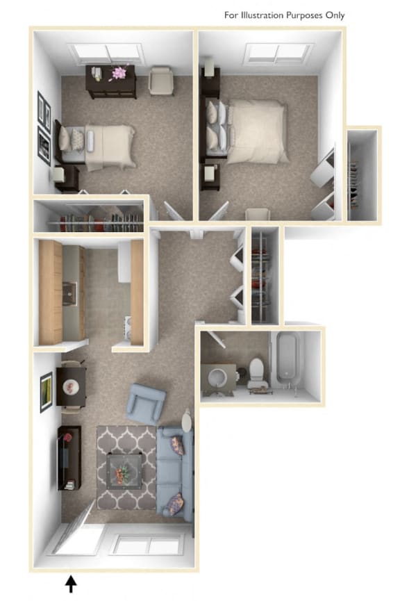 Two Bedroom One Bath Floor Plan at Newport Village Apartments, Portage, MI