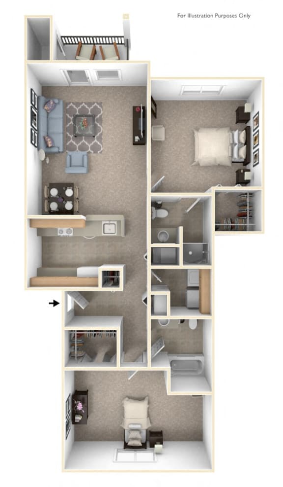 2 Bed 2 Bath Two Bedroom (Style II) Floor Plan at Black Sand Apartment Homes, Nebraska