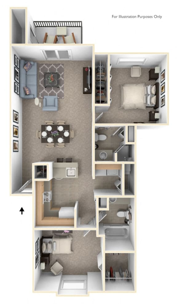 Traditional Two Bedroom Two Bath Floorplan at Glenn Valley Apartments, Michigan, 49015