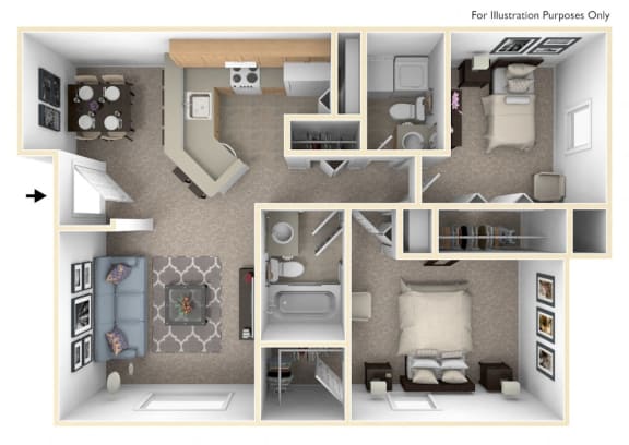 2 Bed 2 Bath Two Bedroom, One & One-half Bath Seville Floor Plan at South Bridge Apartments, Fort Wayne, IN, 46816