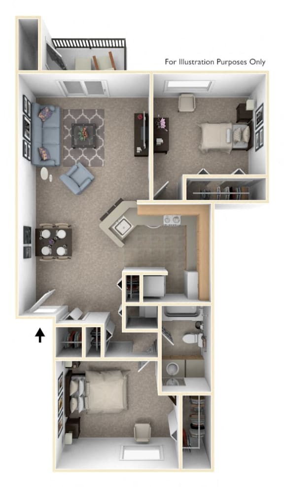2 Bed 1 Bath Two Bedroom, One Bath Stackable Floor Plan at South Bridge Apartments, Fort Wayne, IN