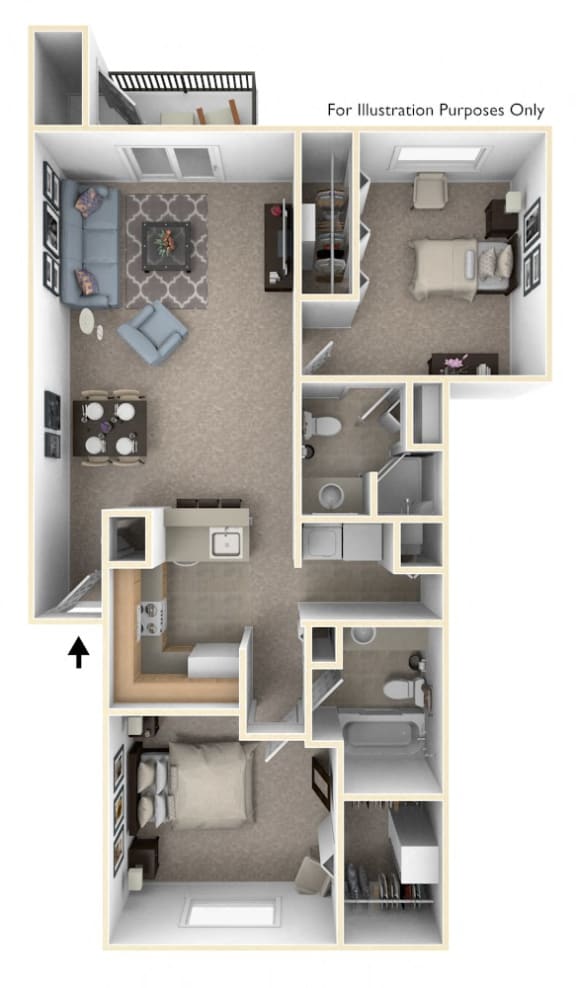 2 Bed 2 Bath Two Bedroom, Two Bath Full-size Floor Plan at South Bridge Apartments, Fort Wayne, Indiana