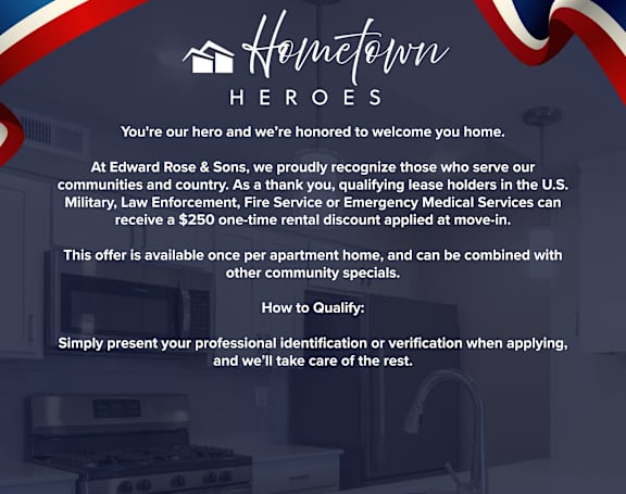 A flyer for a home rental discount for military, law enforcement, fire service, and emergency medical service personnel.