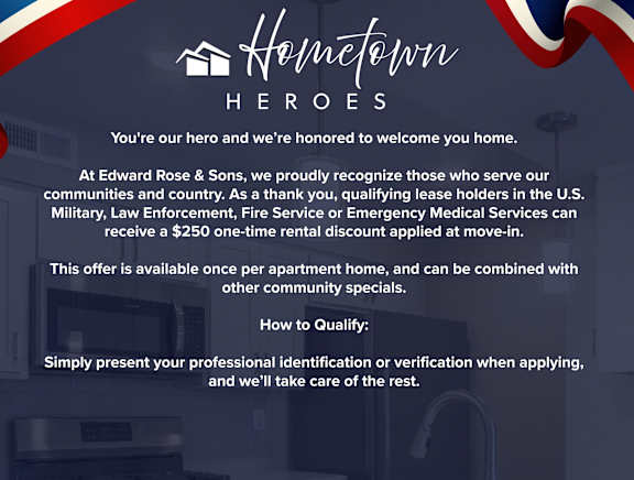 A promotional image for Edward Rose & Sons offering a $250 one-time rental discount to military, law enforcement, fire service, or emergency medical service professionals.