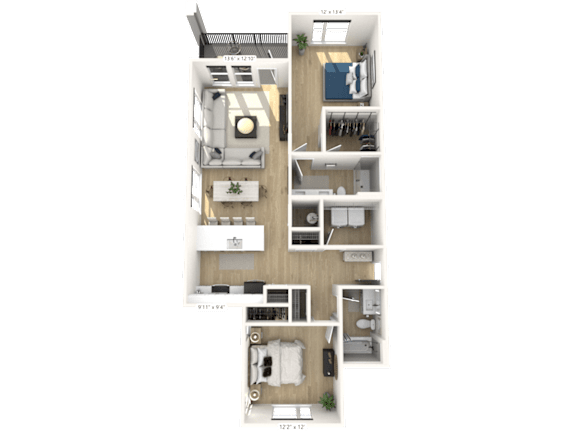 A floor plan of a two-bedroom apartment with a living room, kitchen, and bathroom.