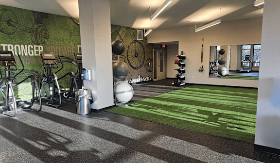 A gym with a green floor mat and a wall with a green background