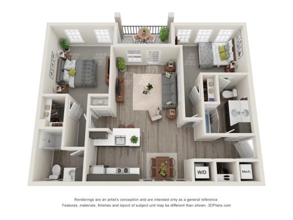 Sycamore 2 Bed 2 Bath Floor Plan at Village Place Apartments, Romeoville, 60446