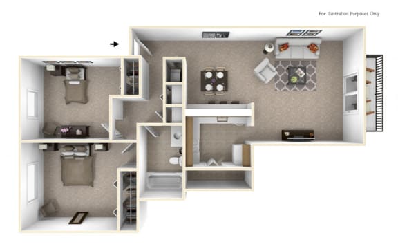 2-Bed/1-Bath, Violet Floor Plan at The Springs Apartment Homes, Novi