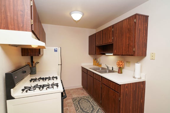 a kitchen with a stove and a sink at Walnut Trail Apartments, Portage